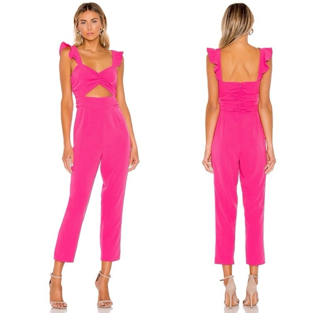 Revolve Lovers + Friends Knox Cutout Ruffle Jumpsuit Sz L Pink Crop Ruched Party